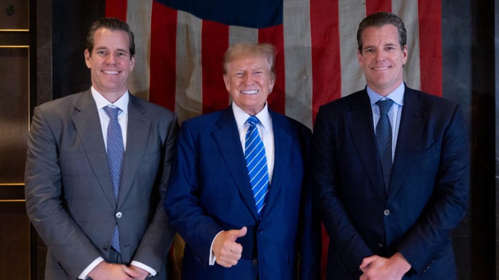 Winklevoss Bros Donate $2M in Bitcoin to Trump Campaign Winklevoss brothers with Donald Trump